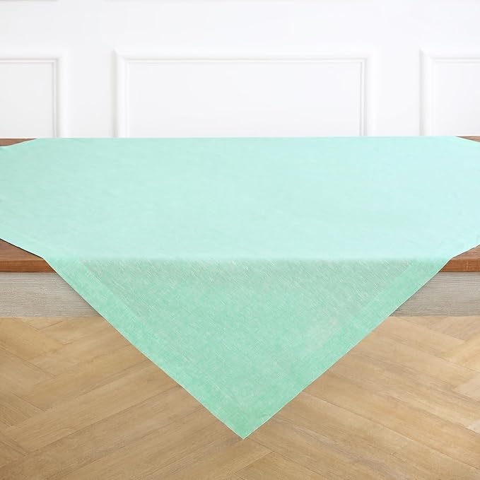 Solino Home Linen Cloth Tablecloth 52 x 52 Inch - 100% Pure Linen Chambray Aqua Square Tablecloth - Athena, Machine Washable Table Throw