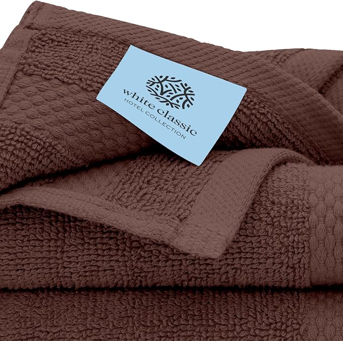 White Classic Luxury Bath Towel Set of 8 Pieces - 100% Turkish Cotton Highly Absorbent Towels for Bathroom, 2 Luxury Bath Towels 700GSM, 2 Hand Towels, 4 Washcloths, Brown