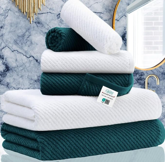 Towels for Bathroom - 100% Cotton | Quick Dry | Lightweight | Thick | Soft, 6 Piece Towel Set, 2 Large Bath 30"x56", 2 Hand 18"x28", 2 Wash Cloths 13"x13", Bathroom Decor Set, Deep Turquoise and White