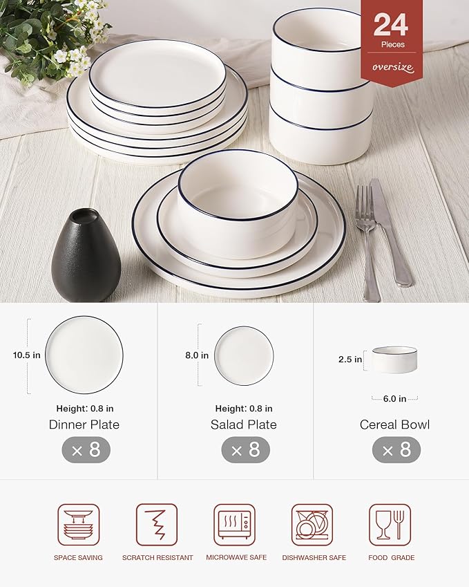 Famiware Porcelain Dinnerware Set, 24-Piece Modern Plate and Bowl Set, dish set for 8, Microwave and Dishwasher Safe Tableware, White with Blue Trim