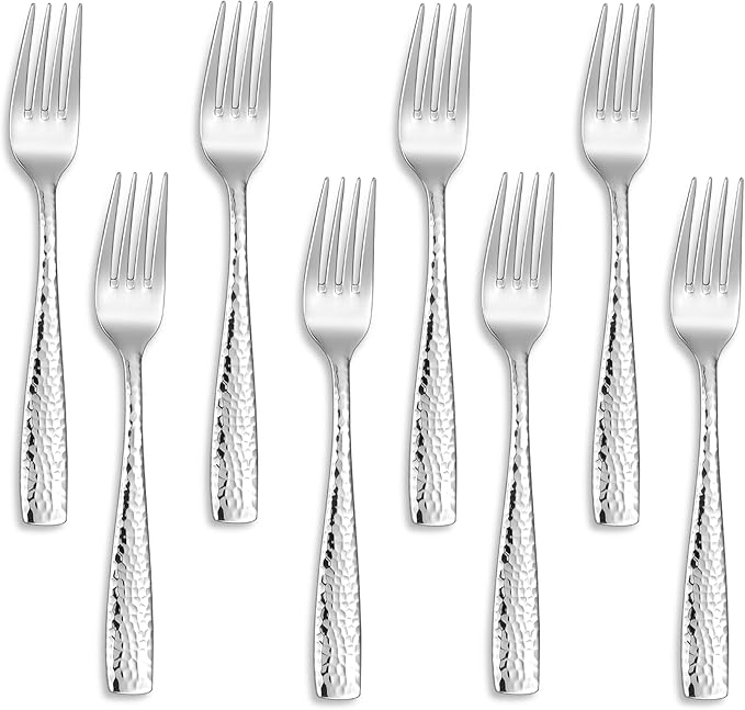 KEAWELL Premium 8-Piece 7.6 inch Louis Hammered Fork Set, 18/10 Stainless Steel, Squared Edge with Smooth Rounded Edges for Enhanced Comfort, Dishwasher Safe (8, 7.6" Salad Fork)