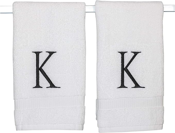 Black Monogrammed Bathroom Hand Towel - Black & White Luxury Hotel Quality Personalized Initial Decorative Embroidered Towel for Powder Room, Spa - GOTS Organic Certified - Set of 2 Letter K