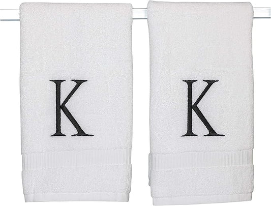 Black Monogrammed Bathroom Hand Towel - Black & White Luxury Hotel Quality Personalized Initial Decorative Embroidered Towel for Powder Room, Spa - GOTS Organic Certified - Set of 2 Letter K