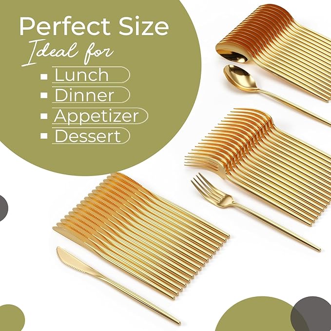 Trendables Gold Plastic Silverware Set Gold Silverware Disposable Forks and Spoons Disposable 120 Pack Plastic Utensils Set Includes 3 x 40 each Knives & Spoons & Forks For Parties and Events