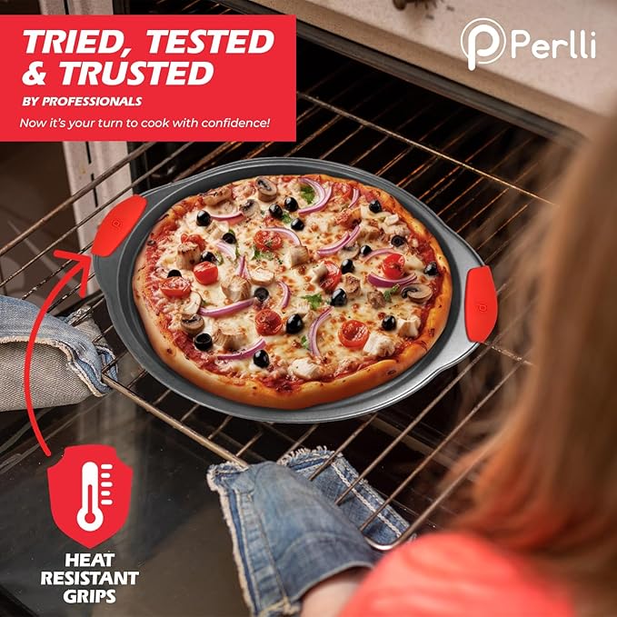 PERLLI Non-Stick 17-Piece Baking Pan Set, BPA-Free Carbon Steel Bakeware Set with Silicone Handles, Stackable Kitchen Oven Set, Cookie Sheet, Baking Tray, Baking Sheet Set, Utensils, Oven Safe (446°F)