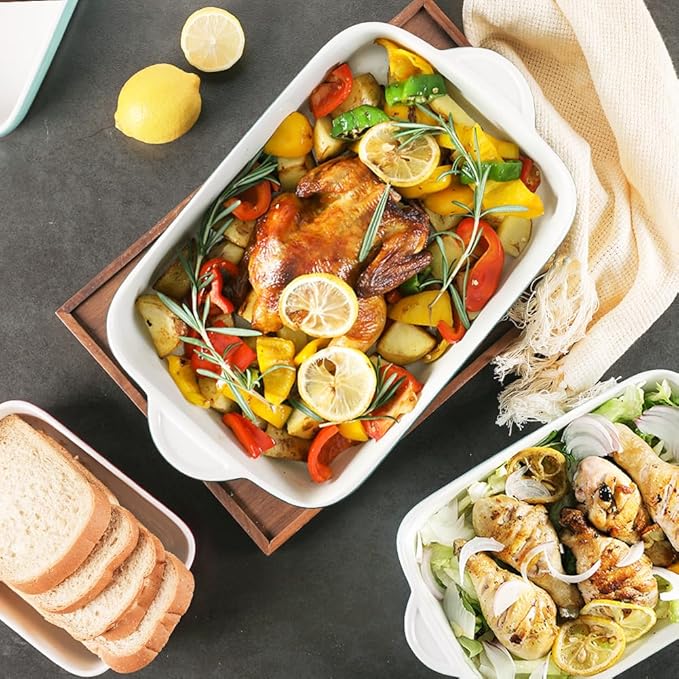 Sweejar Casserole Dishes for Oven, Ceramic Bakeware Set of 3, Lasagna Pan Deep with Handle, Rectangular Baking Pan Set, 9x13 Baking Dish for Cooking, Banquet and Daily Use (Beige)