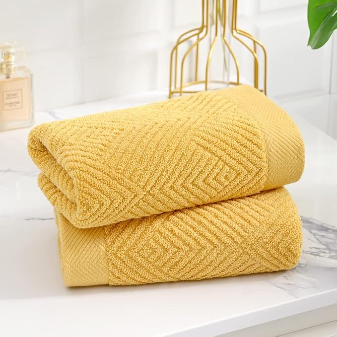 sense gnosis Yellow Hand Towels Set of 2 Striped Weave 100% Terry Cotton Towel Super Soft Highly Absorbent Face Towel for Bathroom 13" X 29"
