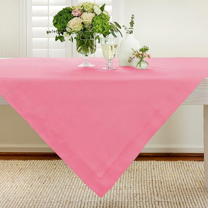 Solino Home Linen Tablecloth 52 x 52 Inch - 100% Pure Linen Pink Carnation Square Tablecloth - Fete, Machine Washable Table Throw for Valentines