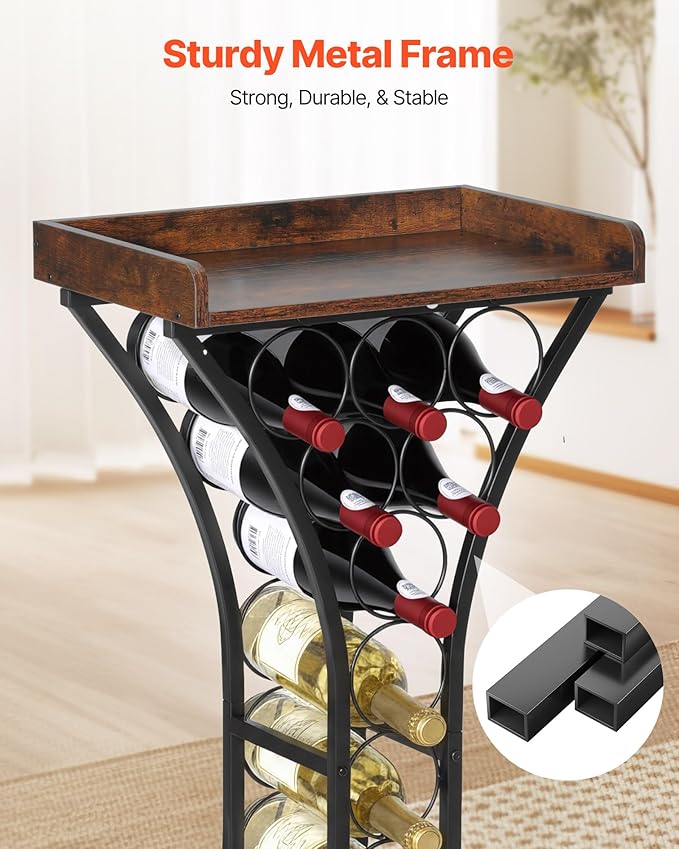 VEVOR 15 Bottle Wine Rack, Freestanding Floor Wine Holder Stand Liquor Cabinet with Wood Tabletop, Easy Assembly Floor Storage Rack, for Home Bar Kitchen Living Room Dining Room, Black