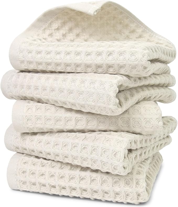 Jacquotha Waffle Hand Towels 5-Piece (Mist White) – Cotton, Quick Dry, Lint Free, 13” x 29”