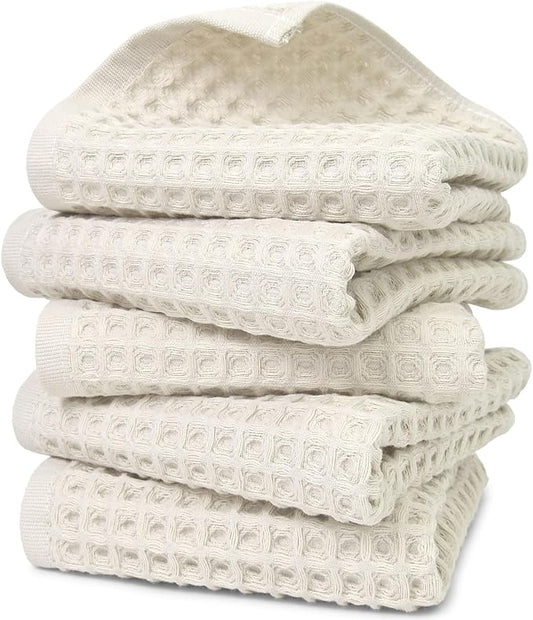 Jacquotha Waffle Hand Towels 5-Piece (Mist White) – Cotton, Quick Dry, Lint Free, 13” x 29”