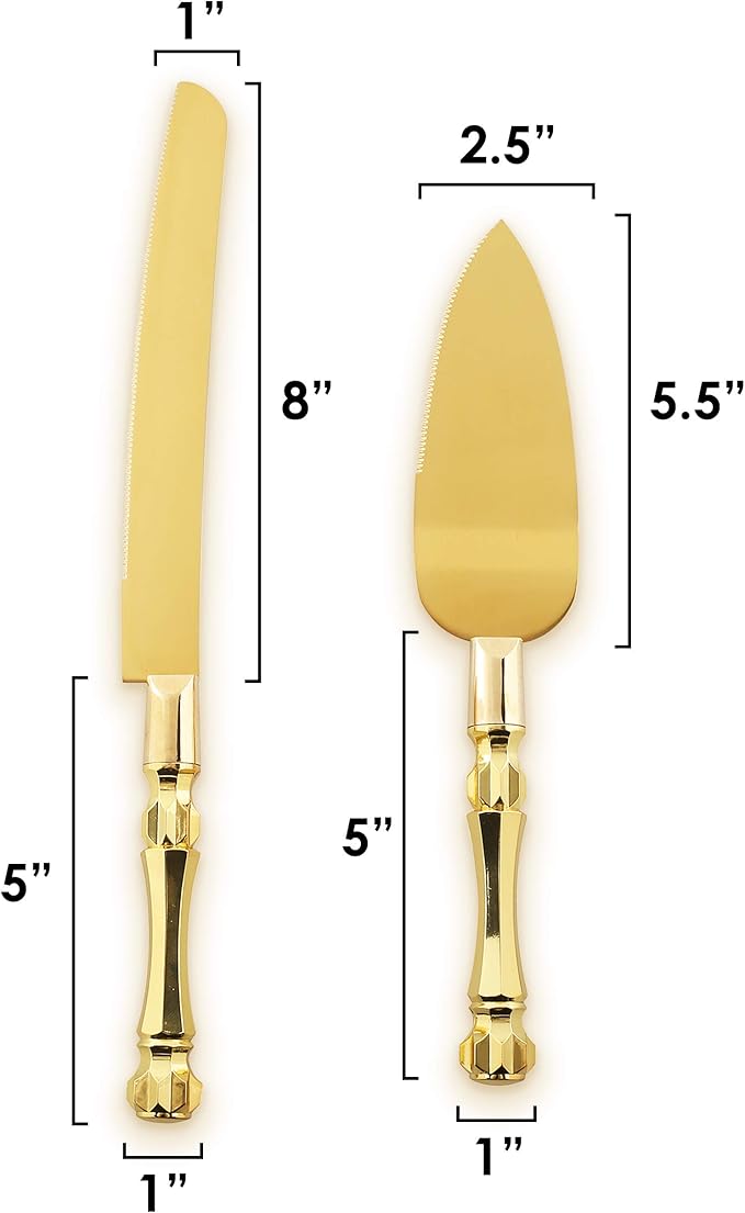 Homi styles Gold Elegant Cake Knife and Server Set, Cake Server and Knife Set of 2 with 420 Stainless Steel Plated Thick Blades, Cake Cutting Set for Wedding, Birthdays, Anniversaries, and Parties