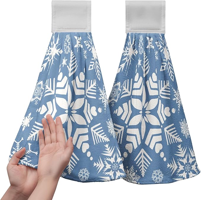 Snowflakes Winter Hanging Kitchen Towels Blue Snow Hand Tie Towel for Bathroom Holiday Decor Soft Absorbent Hanging Dish Towels for Home Accessories