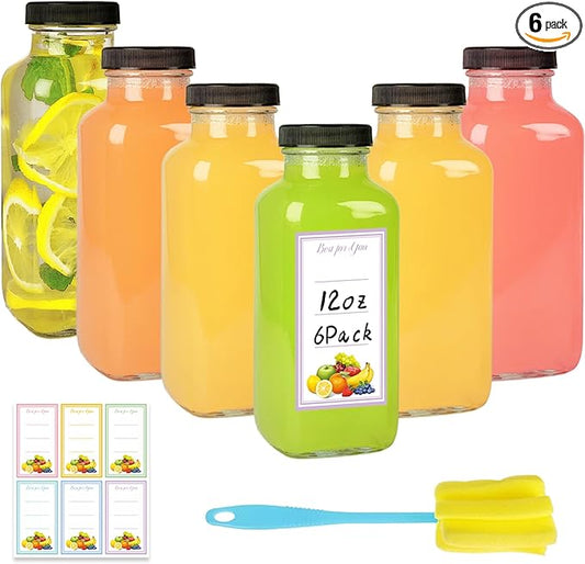 6 Pack 12oz Glass Drink Bottles with Lids, 360ml Vintage Glass Water Bottles with Caps, Reusable Juice Containers Drinking Jars for Juicing, Milk, Ginger, Kombucha, Beverage