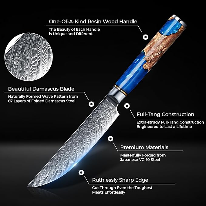 SENKEN Damascus Steak Knife Set - Tsunami Collection - 67-Layer Japanese VG10 Steel - Razor Sharp Non-Serrated Blades, Blue Resin & Natural Wood Pattern Handles, Luxury Gift Box (6 Steak Knife Set)