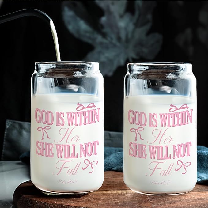 Coquette Pink Bow Christian Glass Cup with Lids and Straws 14oz, Bible Verse Gifts, God is Within Her She Will Not fall Scripture Glass Coffee Tumbler Drinking Jars with Cleaning Brush