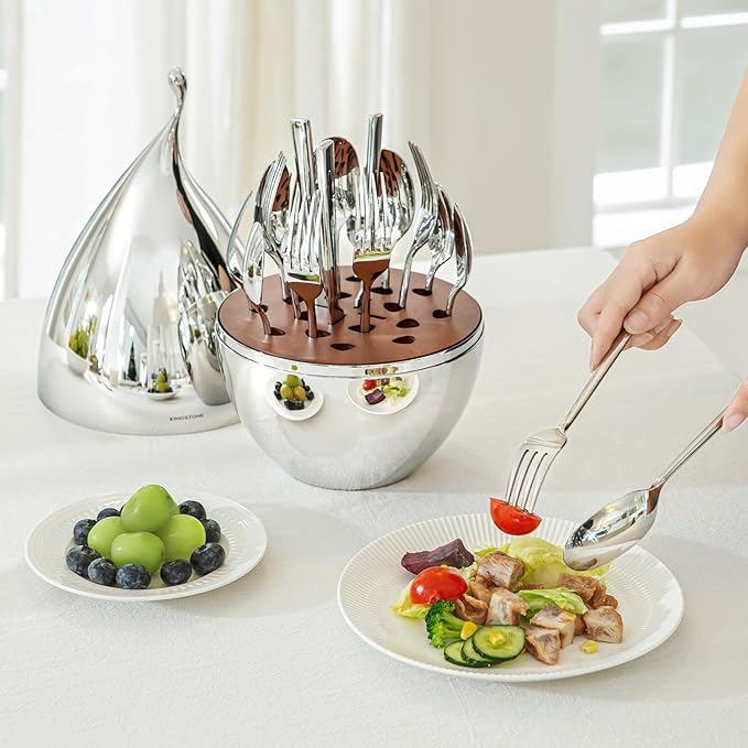 KINGSTONE Silverware Set with Waterdrop Storage Organizer, 20-Piece Forged Flatware Cutlery Set in Gift Box, Premium Stainless Stee Service for 4, Mirror Polished, Ideal for Kitchen, Wedding, Gift
