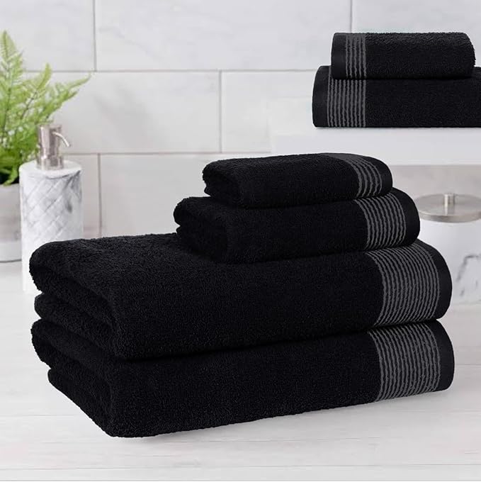 Belizzi Home 100% Cotton Ultra Soft 6 Pack Towel Set, Contains 2 Bath Towels 28x55 inchs, 2 Hand Towels 16x24 inchs & 2 Washcloths 12x12 inchs, Compact Lightweight & Highly Absorbant - Black
