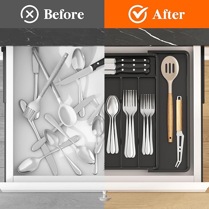 Lifewit Silverware Drawer Organizer, Expandable Utensil Tray for Kitchen, BPA Free Flatware and Cutlery Holder, Adjustable Plastic Storage for Spoons Forks Knives, 10.9"-17.5" x 13.7", Black