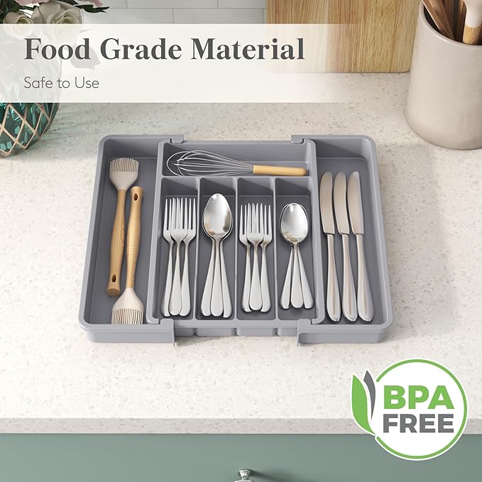 Lifewit Silverware Drawer Organizer, Expandable Utensil Tray for Kitchen, BPA Free Flatware and Cutlery Holder, Adjustable Plastic Storage for Spoons Forks Knives, 8.5"-14.1" x 12.1", Gray