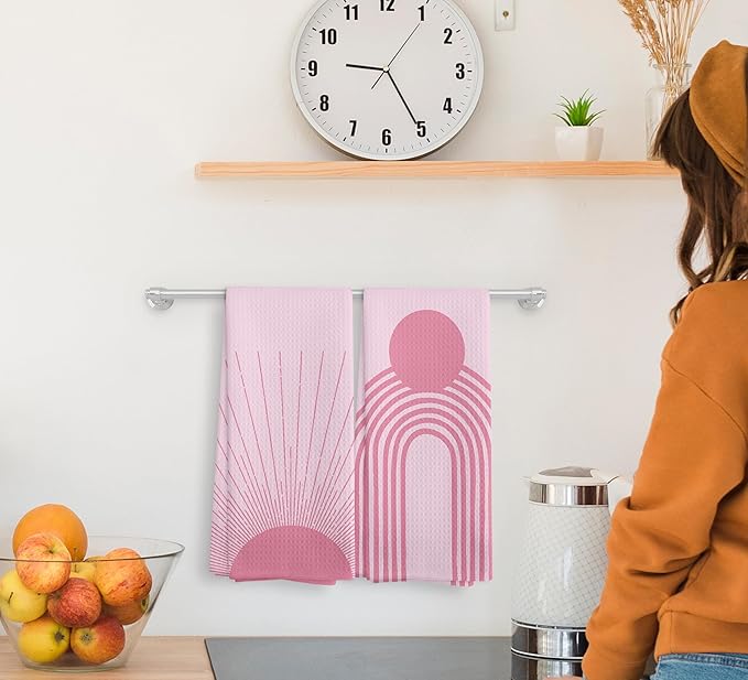 Pink Abstract Sunrise Kitchen Towels Set of 2, Bohemian Sun Hand Towels, Preppy Kitchen Towels, Sunshine Gifts, Pink Moon Drying Cloth Hand Towels for Girls Bathroom Kitchen Decor, 16×24 Inches