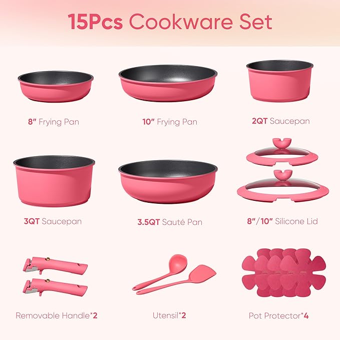CAROTE 15pcs Pots and Pans Set Non Stick, Cookware Set Non Toxic with Detachable Handle, Induction Kitchen Cooking Set, Dishwasher/Oven Safe, RV/Camping Cookware