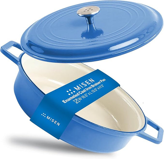 Misen 5.5 QT Braiser – Enameled Cast Iron Pan for Searing, Braising & Slow Cooking – No-Chip Enamel Coating – Extra-Wide Handles – Superior Heat Retention & Even Cooking - Blue
