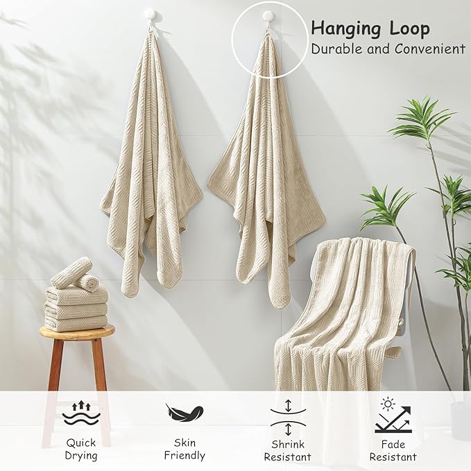 18 Pcs Camel Woven Family Towels Set-6 Bath Sheets,6 Hand Towels,6 Washcloths Soft Polyester Towels Absorbent Shower Towel Quick Dry Beach Chair Towel Lint Less Towels Set for Bathroom Spa Gym Hotel