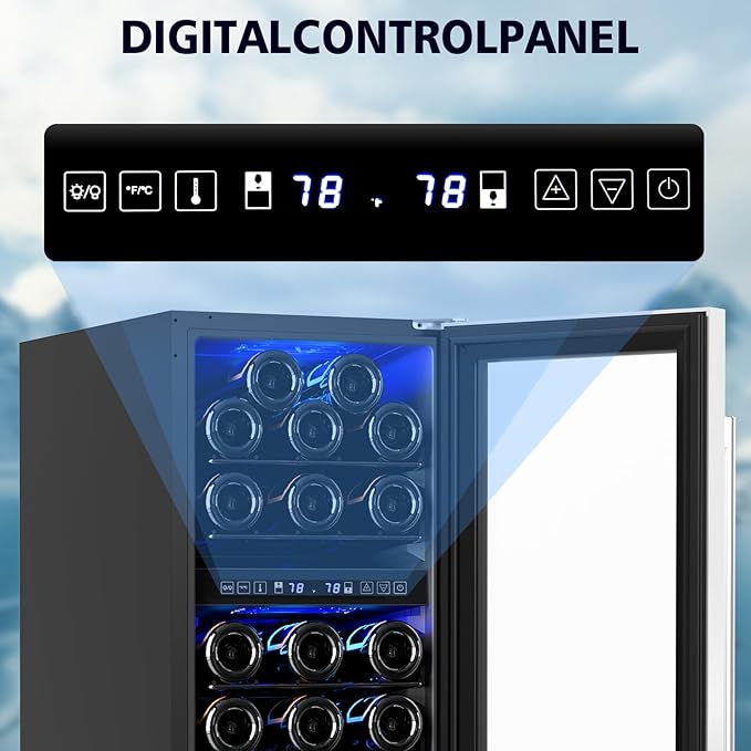 15″ Undercounter Dual Zone Wine Cellar Mini Fridge, 28 Bottle Wine Cooler with Lock, Built In, Freestanding, 41-68℉ Temperature Range, LED Control, Stainless Steel Frame, Adjustable Steel Shelves