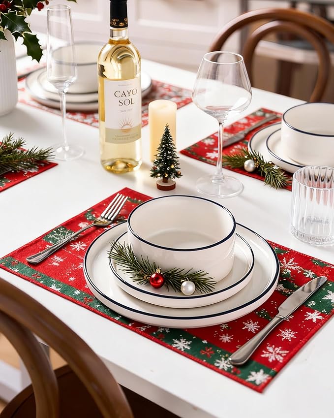 Famiware Porcelain Dinnerware Set, 24-Piece Modern Plate and Bowl Set, dish set for 8, Microwave and Dishwasher Safe Tableware, White with Blue Trim