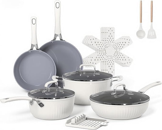 Ammeloo 15-Piece Ribbed Ceramic Cookware Set, Pots and Pans Set Non Stick, Induction Ready, Healthy Non Toxic Kitchen Cooking Set PFAS/PFOA/PTFE-Free, Silicone-wrapped Stay-Cool Handle