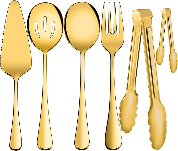 Serving Utensils, XEVOM 6-Piece Stainless Steel Serving Utensil Set Include Serving Spoon, Slotted Serving Spoon, Serving Fork,Serving Tong, Appetizers Tong,Pie Server(Gold)
