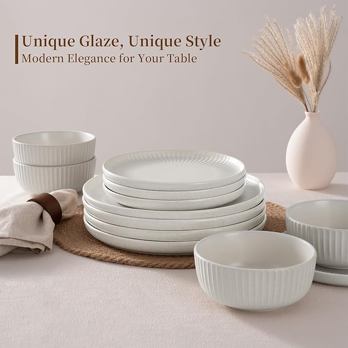 Famiware Starlight Plates and Bowls Dishes Set of 8 (24 Pieces), Ribbed Textured Stoneware Dinnerware Sets- Dishwasher & Microwave Safe, Chip Resistant, Matte Reactive White