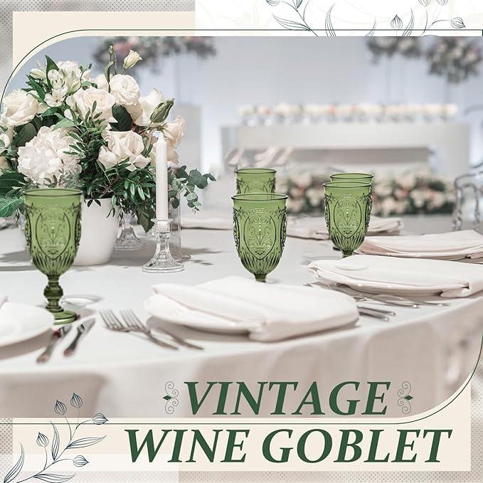 100 Pcs Plastic Goblets 7.5oz Vintage Goblet Plastic Wine Glasses Colored Retro Embossed Water Goblets for Wine Bar Juice Baby Shower Wedding Reception Grand Event Party (Olive Green)