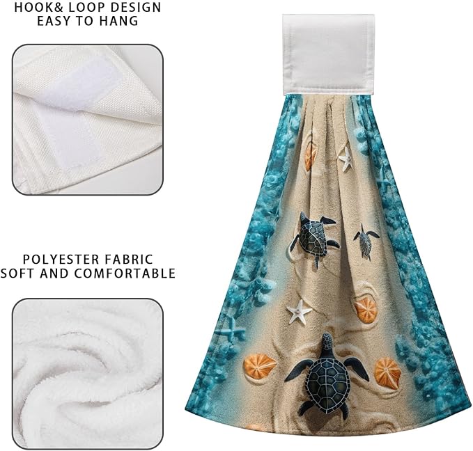 Sea Turtle Hanging Kitchen Towels Summer Ocean Tie Towels Beach Tortoise Hanging Hand Towel Nautical Seashell Hand Towel with Loop Coastal for Bathroom Set of 2 Home Decor 17x12