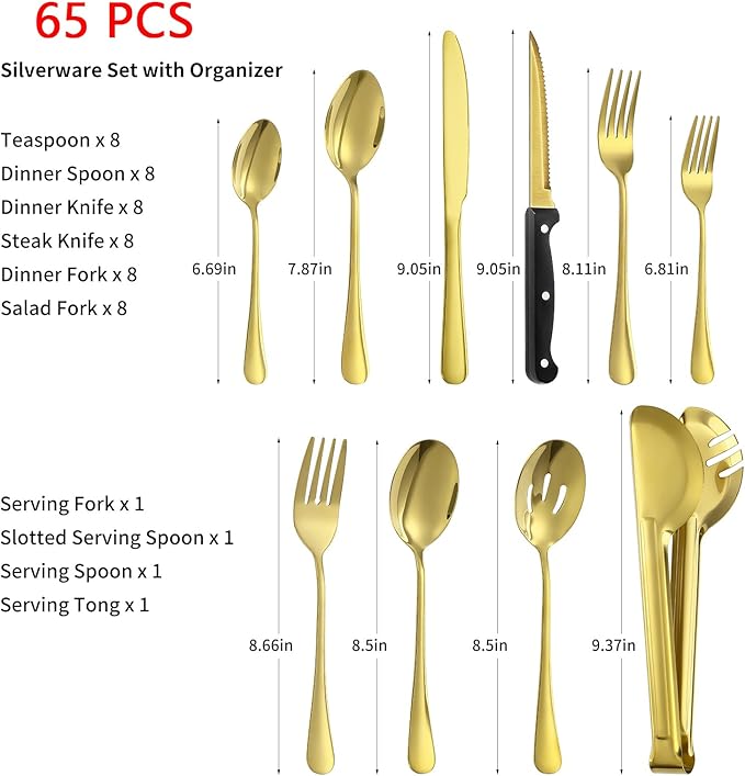 65PCS Silverware Set for 8 with Flatware Drawer Organizer, Stainless Steel Cutlery Set with Steak Knives, Include Spoons and Forks Set & Serving Utensils, Mirror Polished, Gold