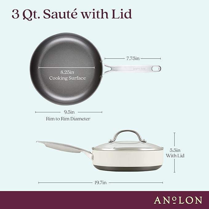 Anolon Achieve Hard Anodized Nonstick Sauté Pan with Lid, 3 Quart - Cream