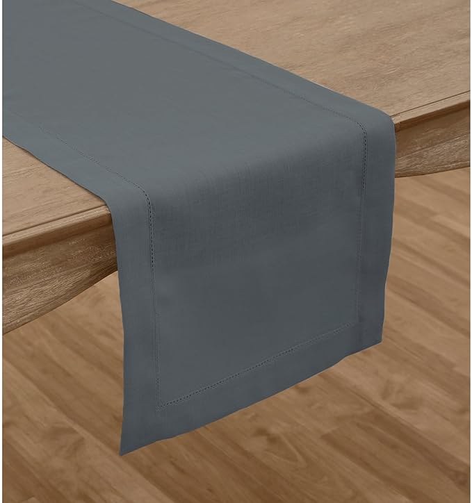 Solino Home Linen Hemstitch Table Runner 36 Inches - 100% Pure Linen Dark Grey Table Runner 14 x 36 Inch Ideal for Dresser and Coffee Tables - Classic Hemstitch - Winter