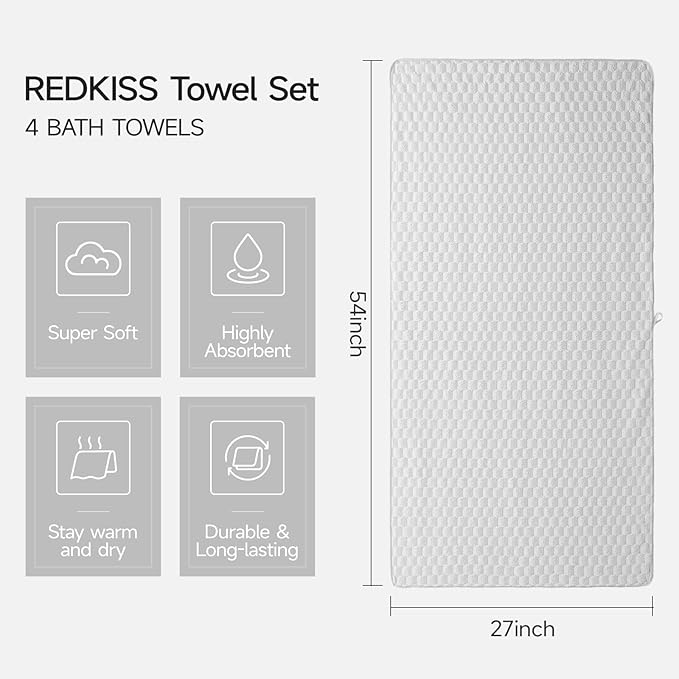 REDKISS 4 Pack Gray Microfiber Bath Towels - Extra Large Waffle Towels Set for Bathroom, Super Absorbent Towel Set of 4 Lagre, Quick Dry Bathroom Towel for Spa, Gym,Travel, Lint Free, Ultra Soft