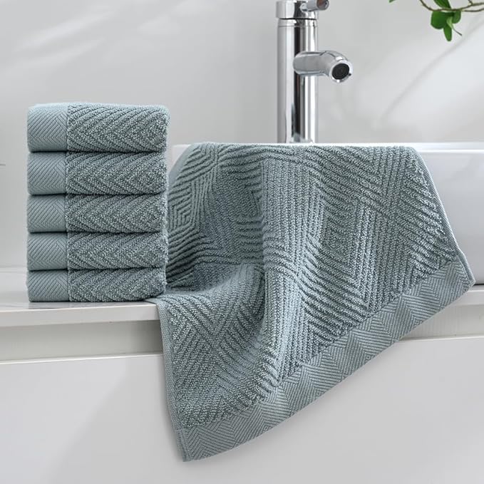 sense gnosis Sage Green Washcloth Set of 6 Striped Weave 100% Cotton Super Soft Highly Absorbent Summer Washcloths Towels for Kitchen Bathroom 13 x 13 Inch