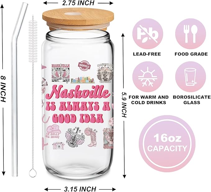 Nashville Gifts - Cute Pink Cups with Lids and Straws, 16 Oz Pink Tumbler for Women & Girls Birthday, Christmas, Bachelorette Party Favors