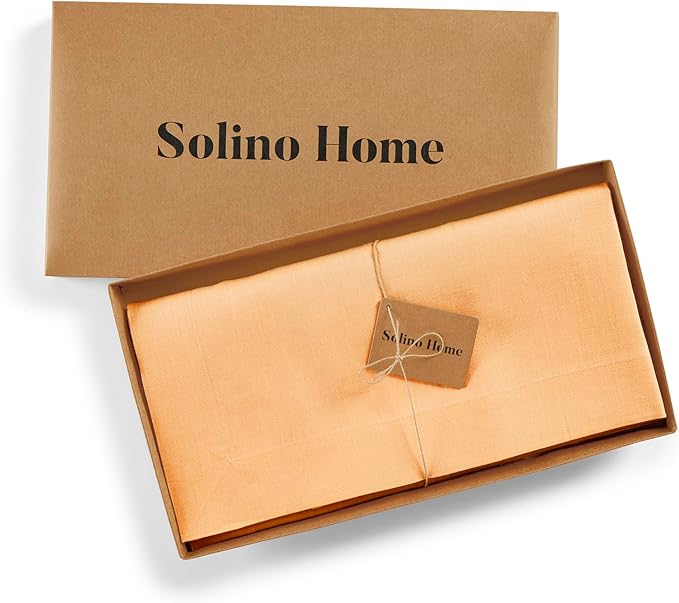 Solino Home Linen Tablecloth 52 x 52 Inch - 100% Pure Linen Peach Square Tablecloth - Fete, Machine Washable Table Throw