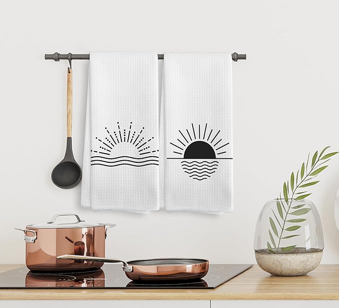 Minimalist Boho Black Sun Sunrise Sunray Sunburst Ocean Wave Sea Horizon Kitchen Towels and Dishcloths Sets of 2,Boho Absorbent Drying Cloth Hand Towels Tea Towels for Bathroom Kitchen,16×24 inches