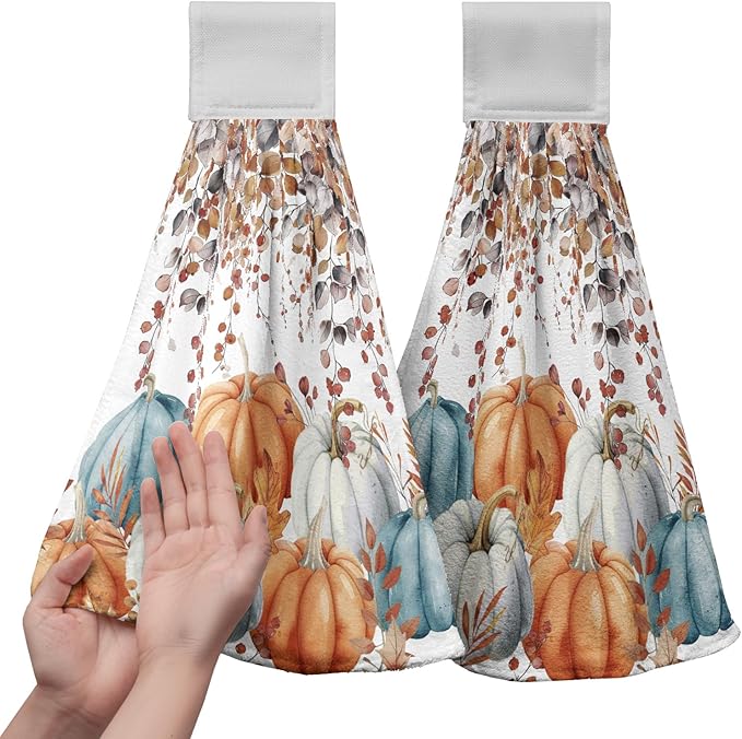 Fall Pumpkins Kitchen Hand Towels with Loop 2 Pcs Autumn Leaves Pumpkin Hanging Dish Towels Soft Absorbent Tie Towel Dishcloths for Bathroom Kitchen Washroom 17 x 12 in