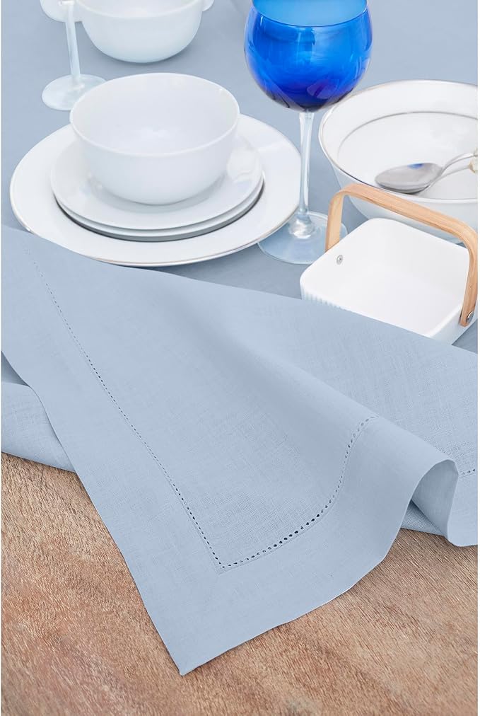 Solino Home Linen Tablecloth 60 x 156 Inch - Classic Hemstitch 100% Pure Linen Sky Blue Table Cloth for Rectangle Tables - Machine Washable Tablecloth for New Year