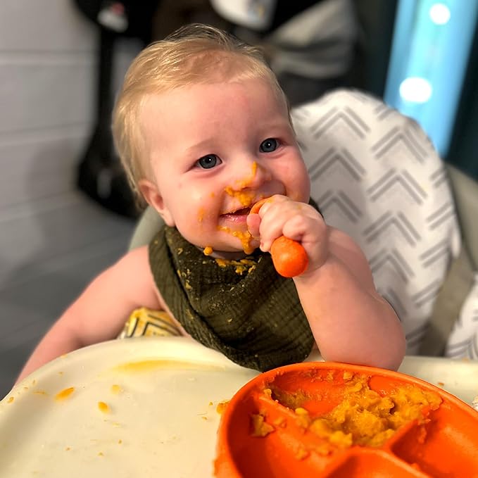 TalkTools ITSY Tiny Silicone Spoons – Twin Pack Soft Silicone Self-Feeding Training Spoons for Kids & Toddlers, Anti-Choking Flange Guard and Non-Slip Handle (Tangerine)