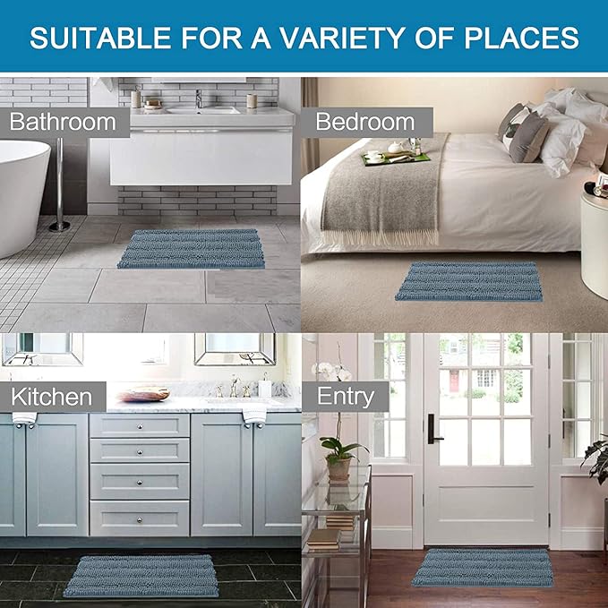 Non Slip Thick Shaggy Chenille Bathroom Rug Mat Set Extra Soft and Absorbent Striped Floor Rugs, 2 Piece, Machine-Washable