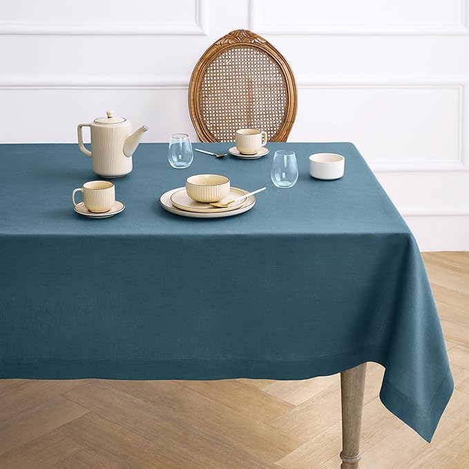 Solino Home Linen Tablecloth for Rectangle Tables 60 x 108 Inch - 100% Pure Linen Peacock Blue Table Cloth - Fete, Machine Washable Cloth Tablecloth for Winter