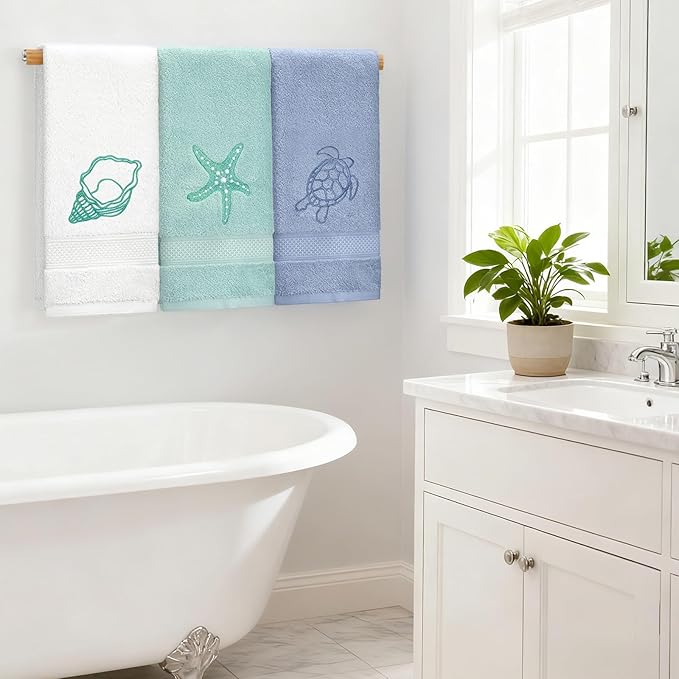 3 Pack Beach Hand Towels for Bathroom, 100% Cotton Soft Coastal Bathroom Towels Ocean Beach Kitchen Decor 13.5 x 29.5 Inch for Kitchen Summer Decoration