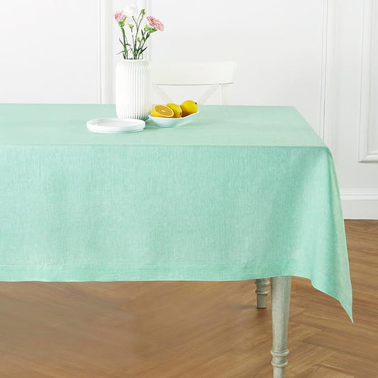 Solino Home Linen Tablecloth 60 x 90 Inch - 100% Pure Linen Chambray Aqua Table Cloth for Rectangle Tables - Athena, Machine Washable Tablecloth